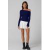 QINSEN Womens Asymmetrical Neck Sweater Slim Fit Long Sleeve Knit Pullover Top(Navy Blue)