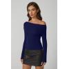 QINSEN Womens Asymmetrical Neck Sweater Slim Fit Long Sleeve Knit Pullover Top(Navy Blue)