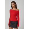 QINSEN Womens Asymmetrical Neck Sweater Slim Fit Long Sleeve Knit Pullover Top(Red)