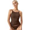 QINSEN Womens Double Lined Tank Tops Boat Neck Adjustable Spaghetti Straps Bodycon Camisole Shirts(Brown)