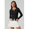 QINSEN Womens Long Sleeve Crewneck Cardigan Sweater Lightweight Button Down Knit Tops Outerwear(Black)