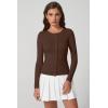 QINSEN Womens Long Sleeve Crewneck Cardigan Sweater Lightweight Button Down Knit Tops Outerwear(Brown)