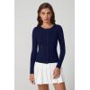 QINSEN Womens Long Sleeve Crewneck Cardigan Sweater Lightweight Button Down Knit Tops Outerwear(Navy Blue)