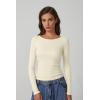 QINSEN Women’s Long Sleeve T Shirts Crewneck Tight Fitted Rib Knit Y2k Casual Tee Tops(Beige White)