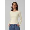 QINSEN Women’s Long Sleeve T Shirts Crewneck Tight Fitted Rib Knit Y2k Casual Tee Tops(Beige White)