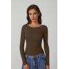 QINSEN Women’s Long Sleeve T Shirts Crewneck Tight Fitted Rib Knit Y2k Casual Tee Tops(Brown)
