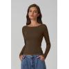 QINSEN Women’s Long Sleeve T Shirts Crewneck Tight Fitted Rib Knit Y2k Casual Tee Tops(Brown)