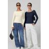 QINSEN Women’s Long Sleeve T Shirts Crewneck Tight Fitted Rib Knit Y2k Casual Tee Tops(Estate Blue)