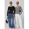 QINSEN Women’s Long Sleeve T Shirts Crewneck Tight Fitted Rib Knit Y2k Casual Tee Tops(Gray)