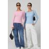 QINSEN Women’s Long Sleeve T Shirts Crewneck Tight Fitted Rib Knit Y2k Casual Tee Tops(Light Blue)