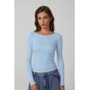 QINSEN Women’s Long Sleeve T Shirts Crewneck Tight Fitted Rib Knit Y2k Casual Tee Tops(Light Blue)