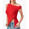 QINSEN Womens Off Shoulder Asymmetrical Tops Diagonal Button-up Closure Split Hem Cropped T Shirts Y2k Tank Top(Red)
