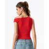 QINSEN Womens Off Shoulder Asymmetrical Tops Diagonal Button-up Closure Split Hem Cropped T Shirts Y2k Tank Top(Red)