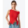 QINSEN Womens Off Shoulder Asymmetrical Tops Diagonal Button-up Closure Split Hem Cropped T Shirts Y2k Tank Top(Red)