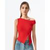 QINSEN Womens Off Shoulder Asymmetrical Tops Diagonal Button-up Closure Split Hem Cropped T Shirts Y2k Tank Top(Red)