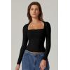 QINSEN Women’s Sexy Square Neck Shirt Long Sleeve Double Lined Tees Fitted Going Out Tops(Black)