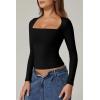 QINSEN Women’s Sexy Square Neck Shirt Long Sleeve Double Lined Tees Fitted Going Out Tops(Black)