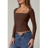 QINSEN Women’s Sexy Square Neck Shirt Long Sleeve Double Lined Tees Fitted Going Out Tops(Coffee Bean)