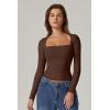 QINSEN Women’s Sexy Square Neck Shirt Long Sleeve Double Lined Tees Fitted Going Out Tops(Coffee Bean)