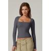 QINSEN Women’s Sexy Square Neck Shirt Long Sleeve Double Lined Tees Fitted Going Out Tops(Dark Grey)