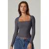 QINSEN Women’s Sexy Square Neck Shirt Long Sleeve Double Lined Tees Fitted Going Out Tops(Dark Grey)