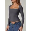 QINSEN Women’s Sexy Square Neck Shirt Long Sleeve Double Lined Tees Fitted Going Out Tops(Dark Grey)