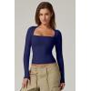 QINSEN Women’s Sexy Square Neck Shirt Long Sleeve Double Lined Tees Fitted Going Out Tops(Estate Blue)