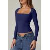 QINSEN Women’s Sexy Square Neck Shirt Long Sleeve Double Lined Tees Fitted Going Out Tops(Estate Blue)