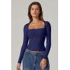 QINSEN Women’s Sexy Square Neck Shirt Long Sleeve Double Lined Tees Fitted Going Out Tops(Estate Blue)