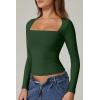QINSEN Women’s Sexy Square Neck Shirt Long Sleeve Double Lined Tees Fitted Going Out Tops(Forest Green)