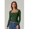 QINSEN Women’s Sexy Square Neck Shirt Long Sleeve Double Lined Tees Fitted Going Out Tops(Forest Green)