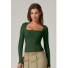 QINSEN Women’s Sexy Square Neck Shirt Long Sleeve Double Lined Tees Fitted Going Out Tops(Forest Green)
