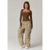 QINSEN Women’s Sexy Square Neck Shirt Long Sleeve Double Lined Tees Fitted Going Out Tops(Khaki)