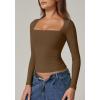 QINSEN Women’s Sexy Square Neck Shirt Long Sleeve Double Lined Tees Fitted Going Out Tops(Khaki)
