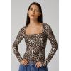 QINSEN Women’s Sexy Square Neck Shirt Long Sleeve Double Lined Tees Fitted Going Out Tops(Leopard Print)