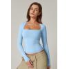 QINSEN Women’s Sexy Square Neck Shirt Long Sleeve Double Lined Tees Fitted Going Out Tops(Light Blue)