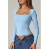 QINSEN Women’s Sexy Square Neck Shirt Long Sleeve Double Lined Tees Fitted Going Out Tops(Light Blue)