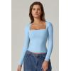 QINSEN Women’s Sexy Square Neck Shirt Long Sleeve Double Lined Tees Fitted Going Out Tops(Light Blue)