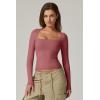 QINSEN Women’s Sexy Square Neck Shirt Long Sleeve Double Lined Tees Fitted Going Out Tops(Merlot)