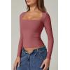 QINSEN Women’s Sexy Square Neck Shirt Long Sleeve Double Lined Tees Fitted Going Out Tops(Merlot)