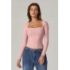 QINSEN Women’s Sexy Square Neck Shirt Long Sleeve Double Lined Tees Fitted Going Out Tops(Pink)