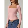 QINSEN Women’s Sexy Square Neck Shirt Long Sleeve Double Lined Tees Fitted Going Out Tops(Pink)