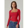 QINSEN Women’s Sexy Square Neck Shirt Long Sleeve Double Lined Tees Fitted Going Out Tops(Red)