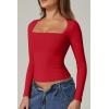 QINSEN Women’s Sexy Square Neck Shirt Long Sleeve Double Lined Tees Fitted Going Out Tops(Red)
