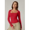 QINSEN Women’s Sexy Square Neck Shirt Long Sleeve Double Lined Tees Fitted Going Out Tops(Red)