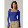 QINSEN Women’s Sexy Square Neck Shirt Long Sleeve Double Lined Tees Fitted Going Out Tops(Sapphire Blue)