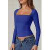 QINSEN Women’s Sexy Square Neck Shirt Long Sleeve Double Lined Tees Fitted Going Out Tops(Sapphire Blue)