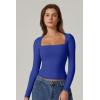 QINSEN Women’s Sexy Square Neck Shirt Long Sleeve Double Lined Tees Fitted Going Out Tops(Sapphire Blue)