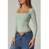 QINSEN Women’s Sexy Square Neck Shirt Long Sleeve Double Lined Tees Fitted Going Out Tops(Smoke Green)