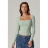 QINSEN Women’s Sexy Square Neck Shirt Long Sleeve Double Lined Tees Fitted Going Out Tops(Smoke Green)